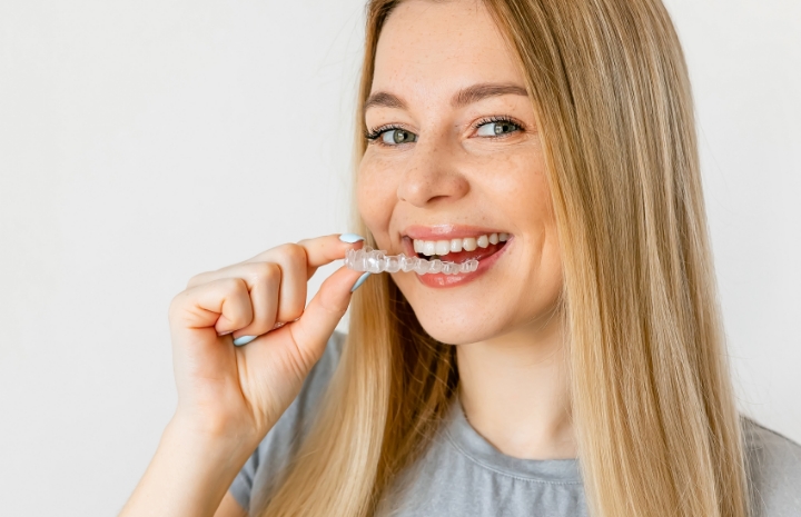 Smiling woman placing an Invisalign tray